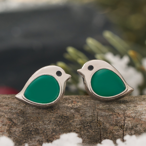 Sterling Silver Green Agate Gemstone Birdie Studs