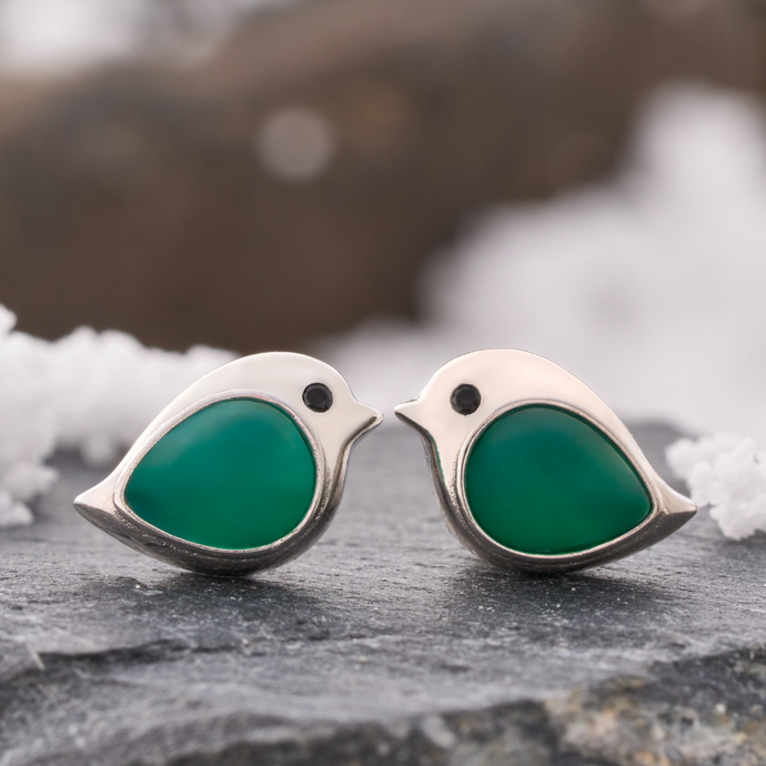 Sterling Silver Green Agate Gemstone Birdie Studs