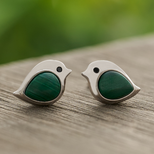 Sterling Silver Malachite Gemstone Birdie Studs