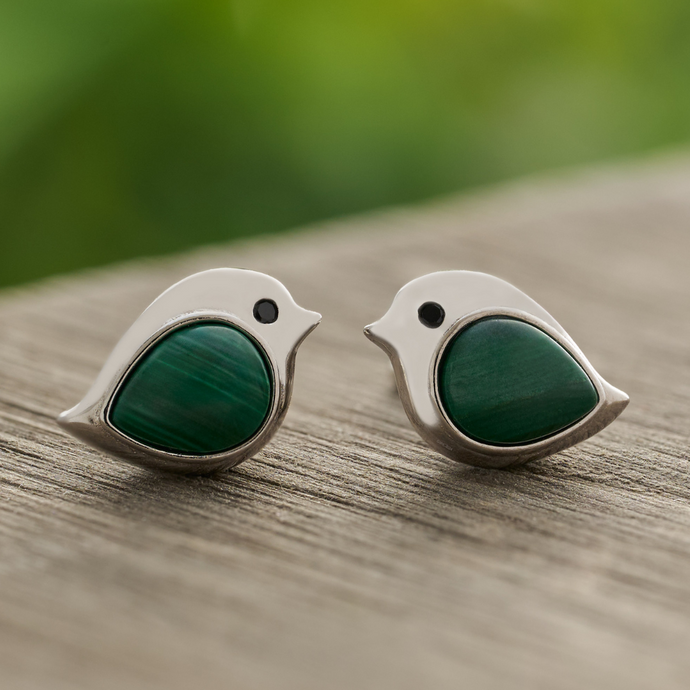 Sterling Silver Malachite Gemstone Birdie Studs