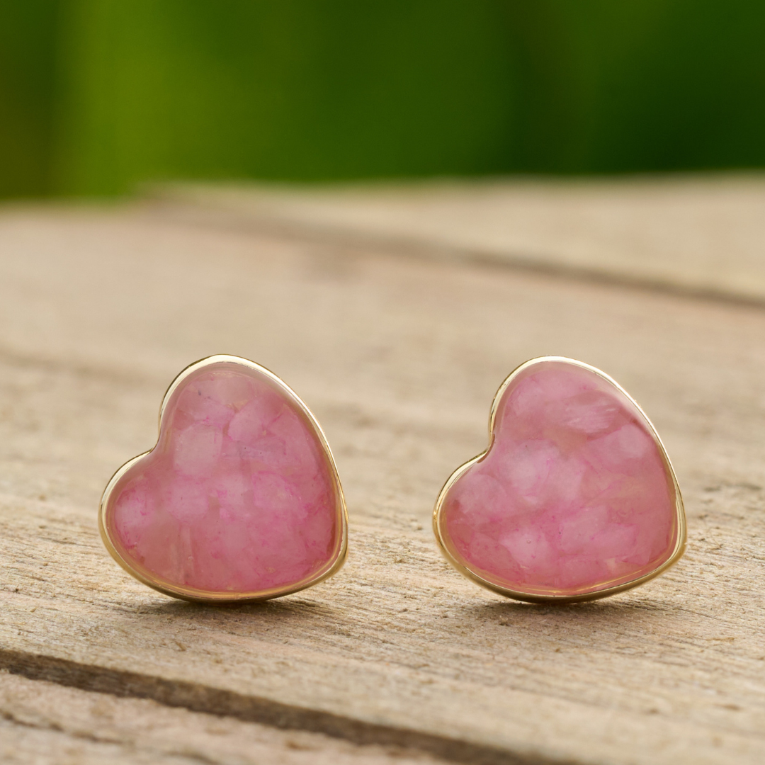 Gold Sterling Silver Rose Quartz Heart Studs