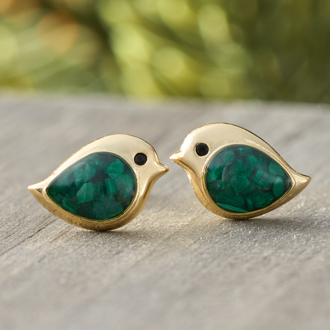 Gold Sterling Silver Malachite Birdie Studs