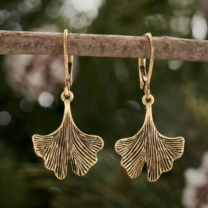 Gold Leverback Vintage Ginkgo Leaf Earrings