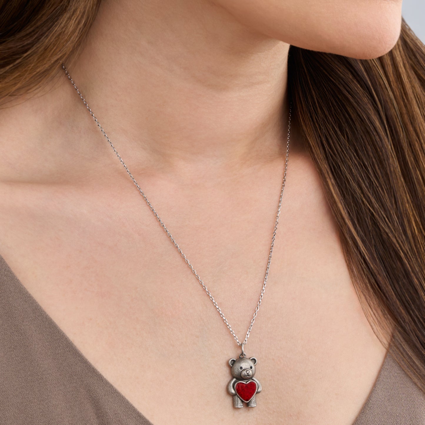 Teddy Bear with Red Glass Heart Necklace
