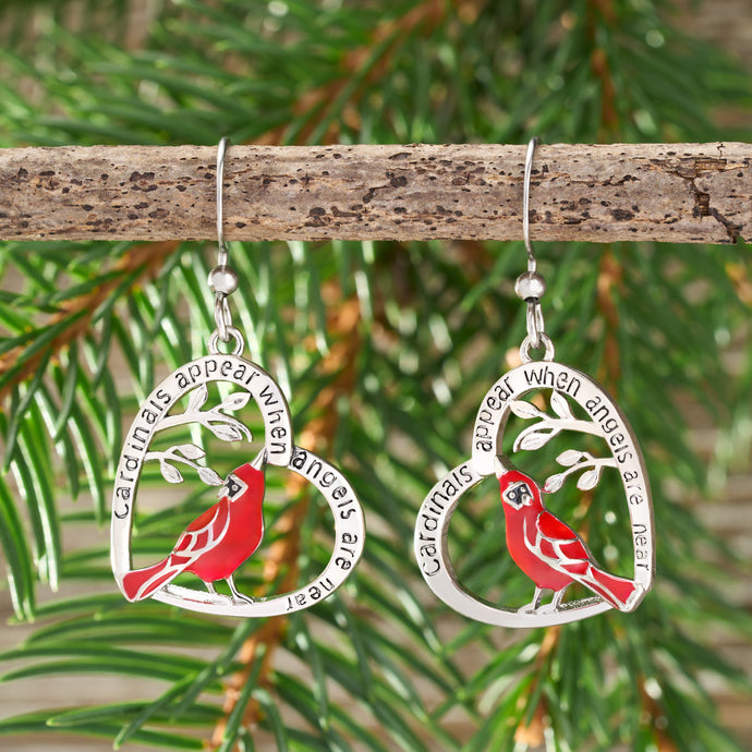 Red Cardinal Heart Earrings with French Hooks