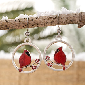 Red Glass Cardinal Holly Branch Earrings