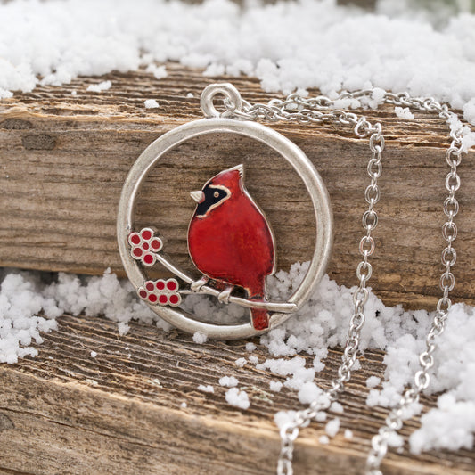 Red Glass Cardinal Holly Branch Necklace