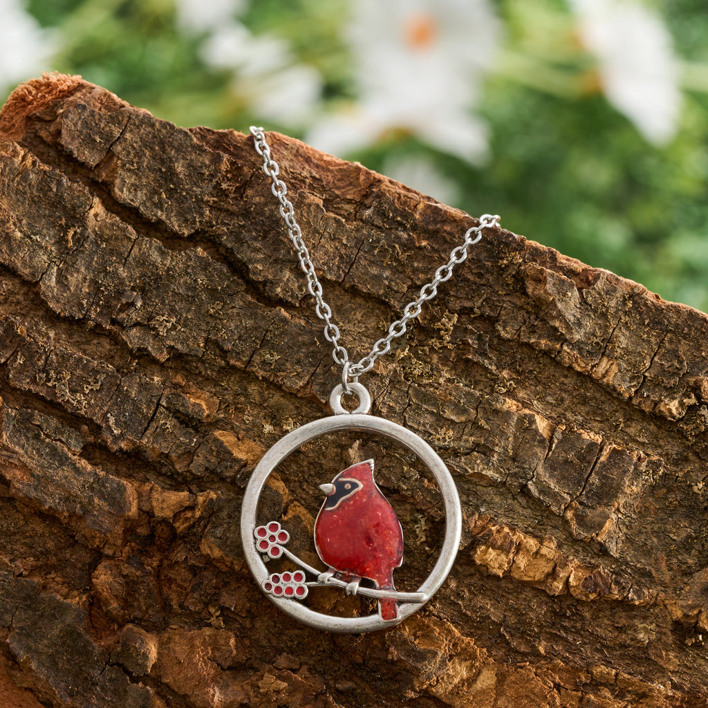 Red Glass Cardinal Holly Branch Necklace