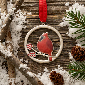 Red Glass Cardinal Branch Ornament Gift Set