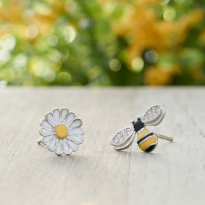 Sterling Silver and Enamel Daisy Bee Studs