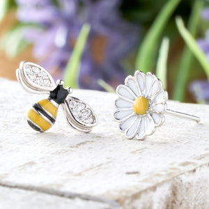 Sterling Silver and Enamel Daisy Bee Studs