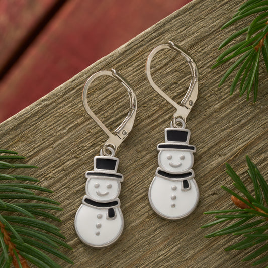 Leverback Enamel Snowman Earrings