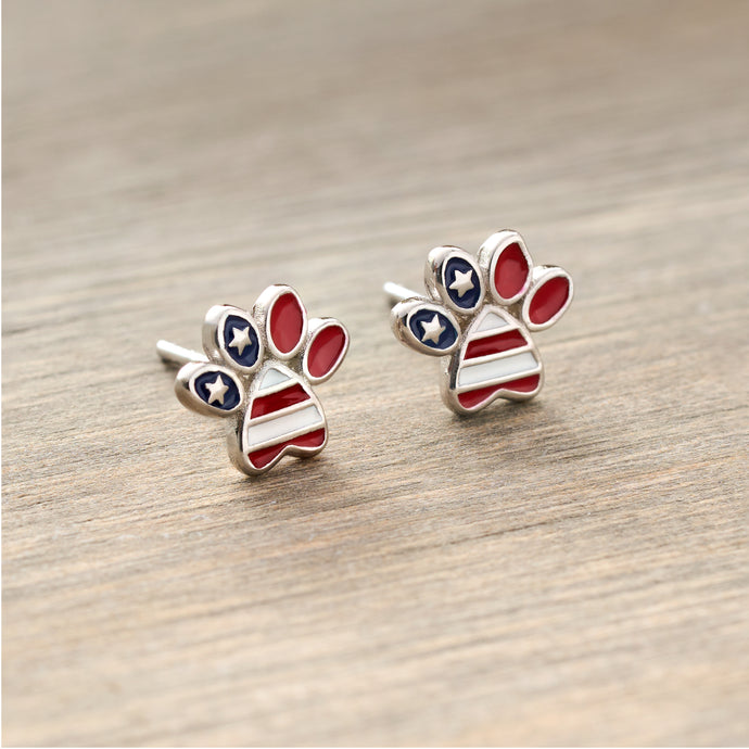 Sterling Silver American Flag Dog Paw Studs