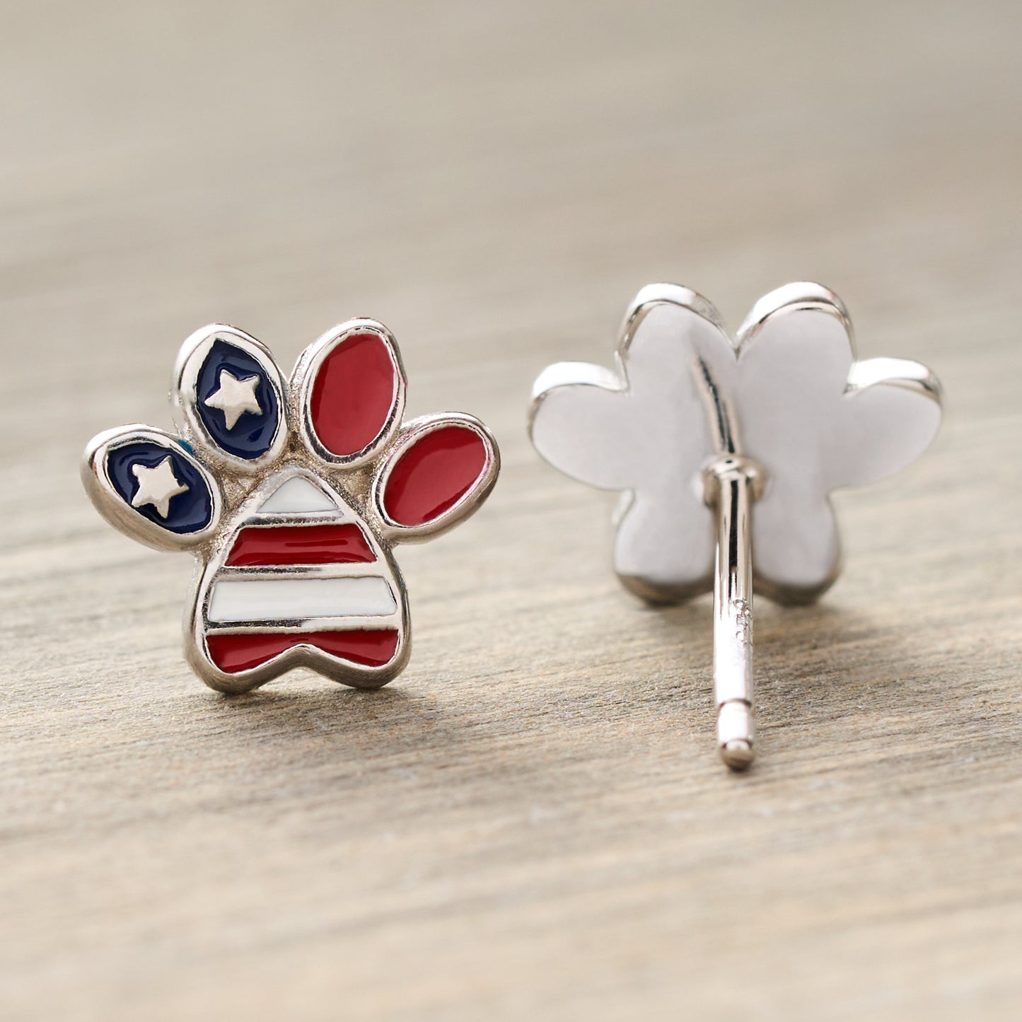 Sterling Silver American Flag Dog Paw Studs