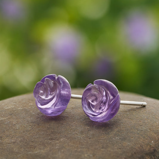 Carved Amethyst Rose Studs