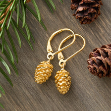 Load image into Gallery viewer, Gold Leverback Pine Cone Earrings