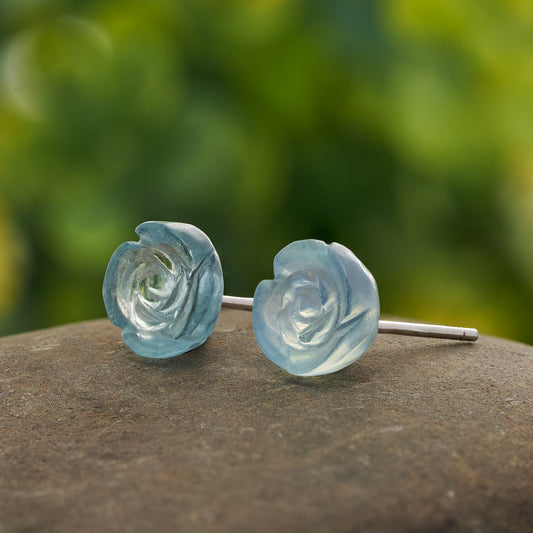 Carved Aquamarine Rose Studs