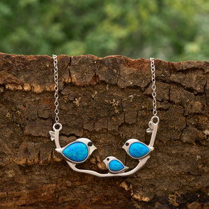 Sterling Silver Triple Blue Opal Birdie Branch Necklace