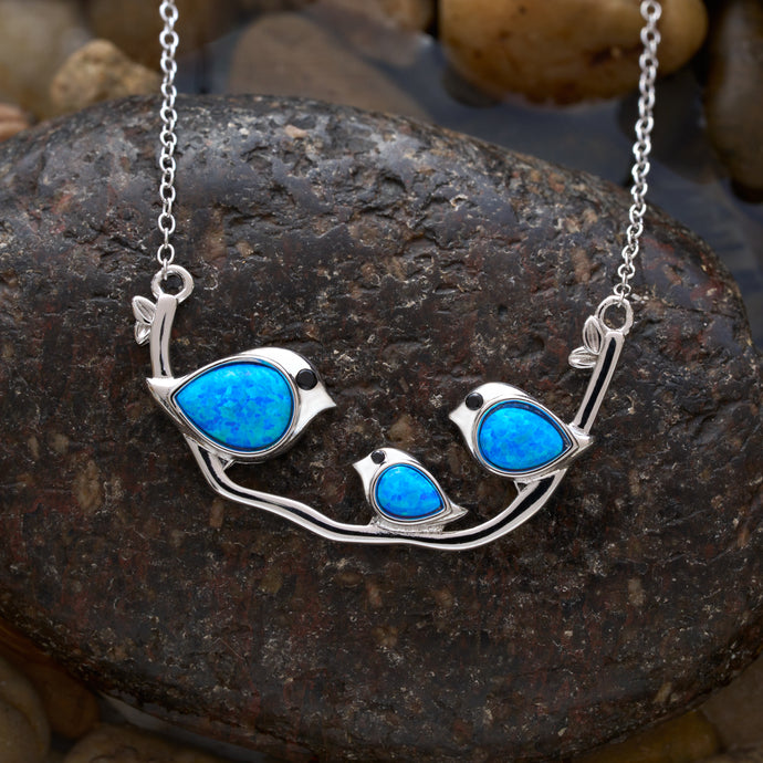 Sterling Silver Triple Blue Opal Birdie Branch Necklace