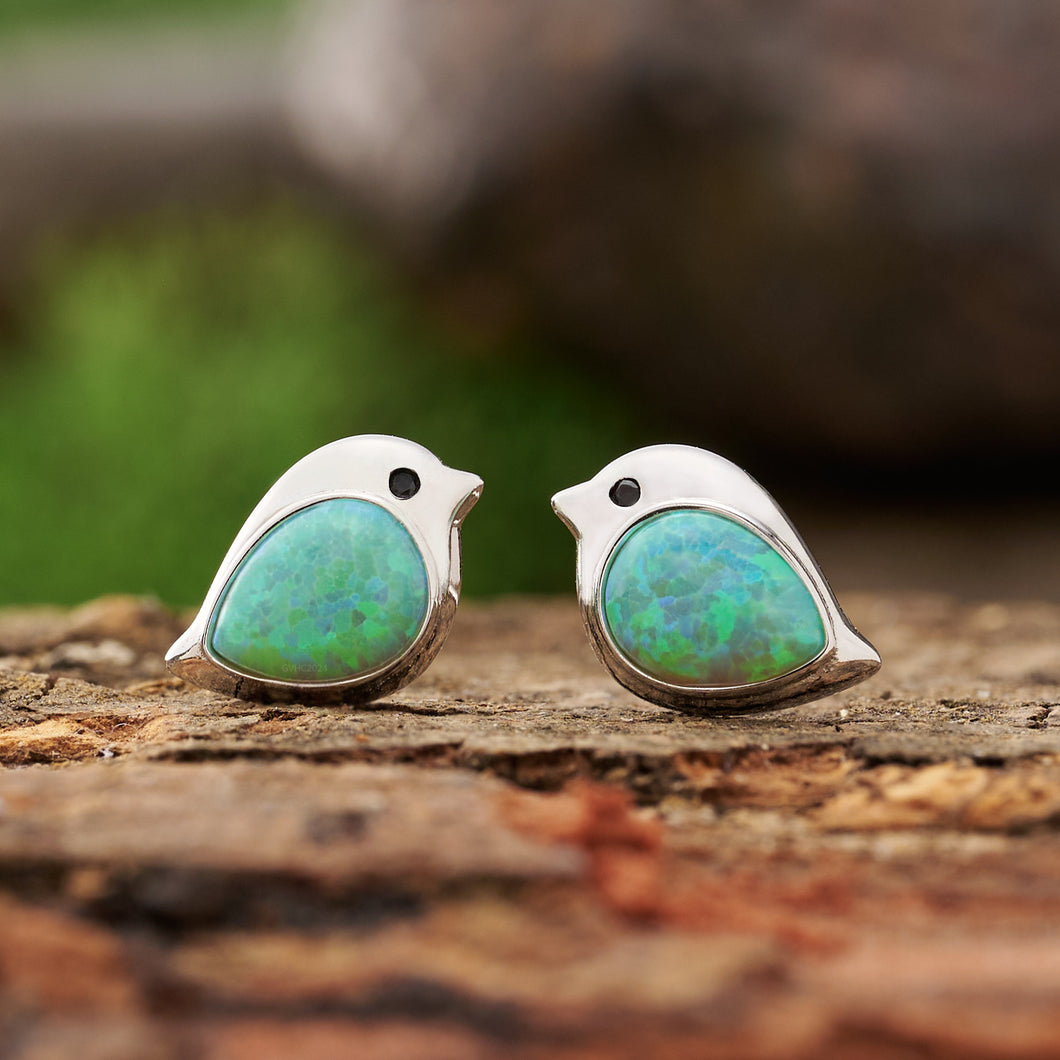 Sterling Silver Green Opal Birdie Studs