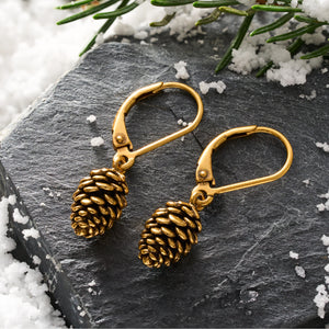 Vintage Gold Leverback Pine Cone Earrings