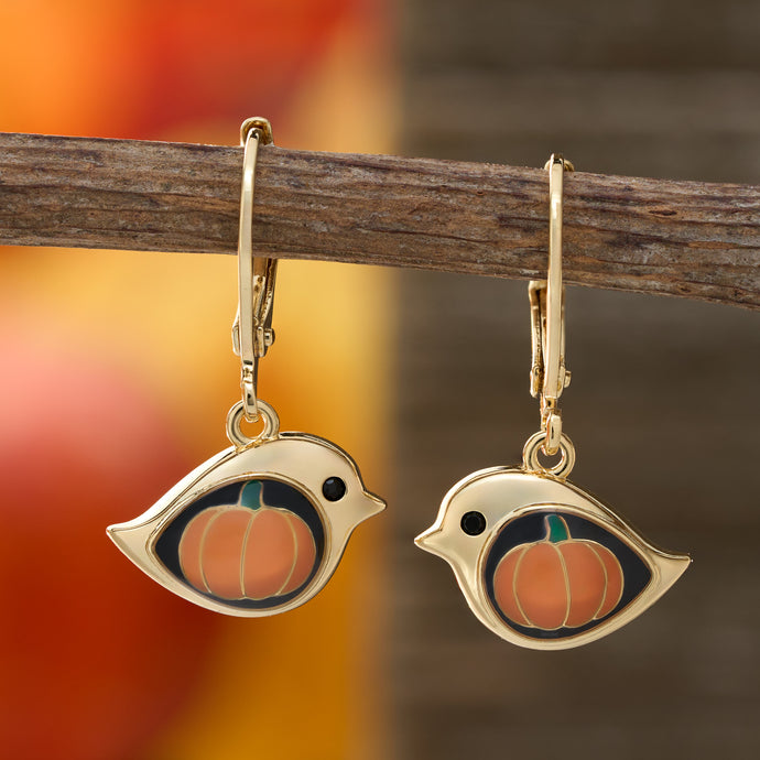Gold Leverback Pumpkin Birdie Earrings