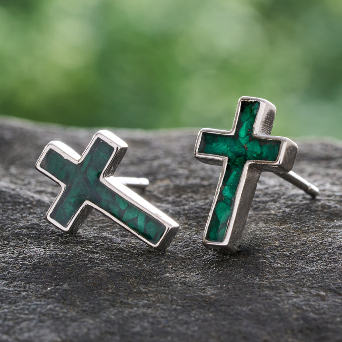 Sterling Silver Malachite Cross Studs