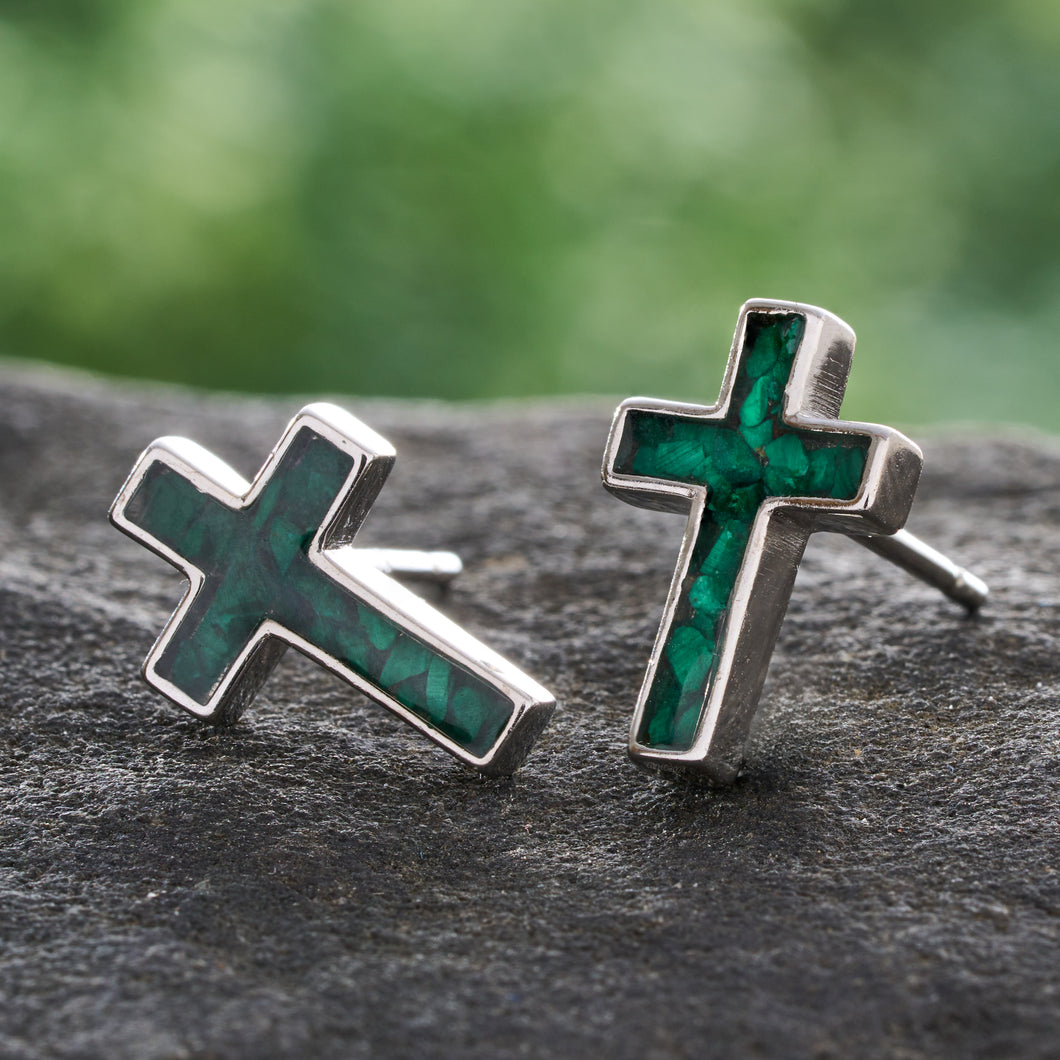 Sterling Silver Malachite Cross Studs