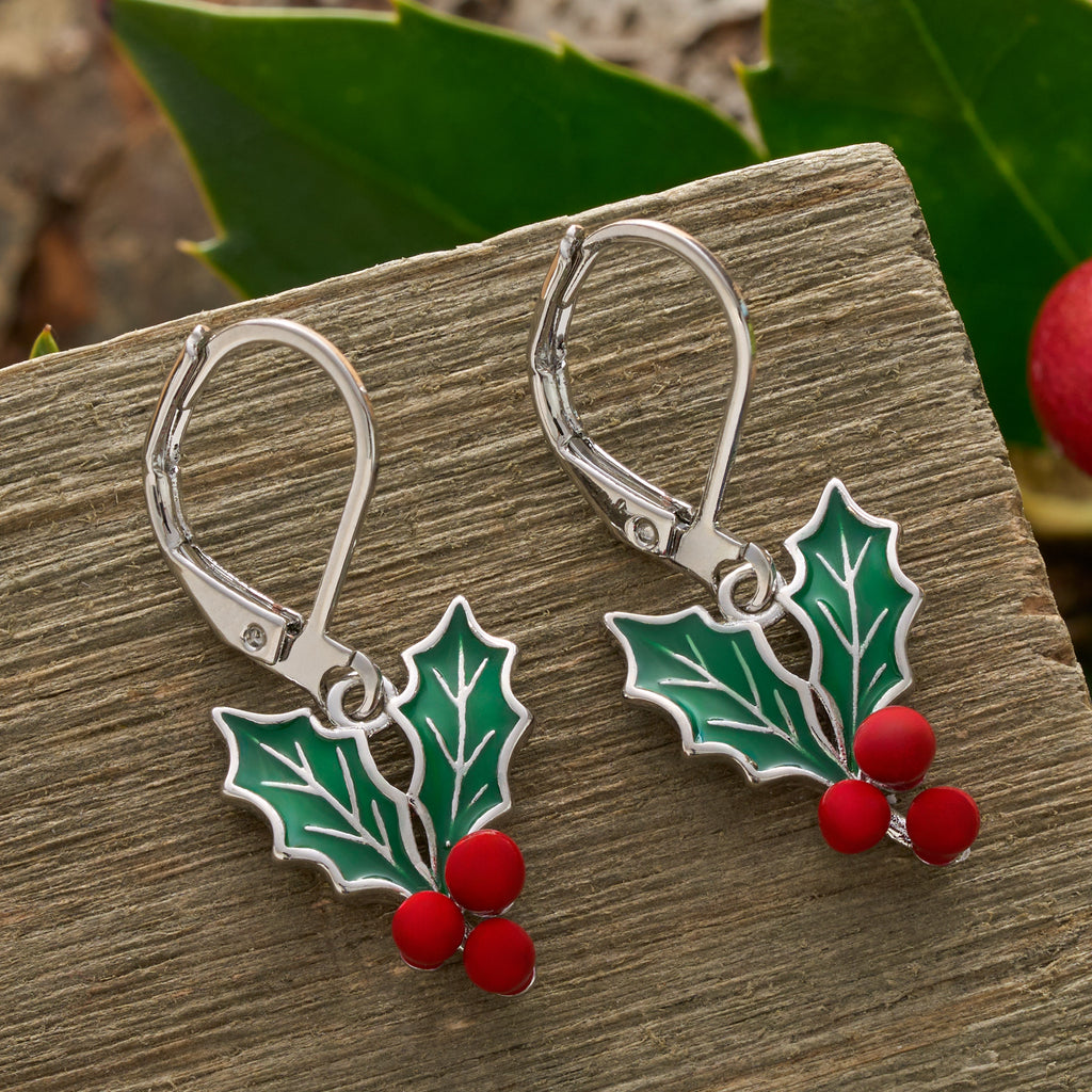 Leverback Enamel Holly Berry Earrings
