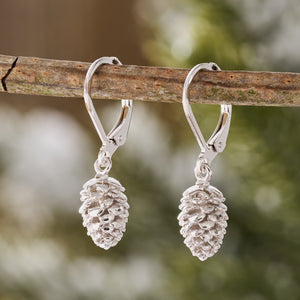 Rhodium Leverback Pine Cone Earrings