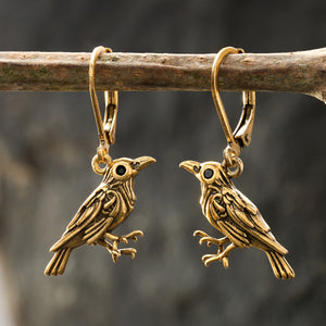 "Nevermore" Gold Raven Leverback Earrings