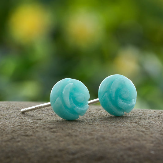 Carved Amazonite Rose Studs