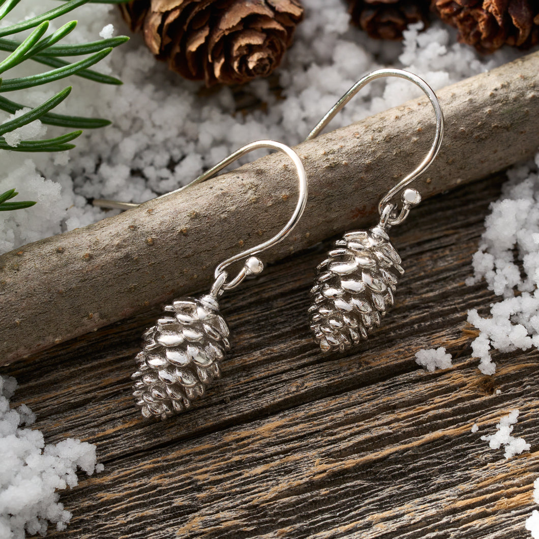 Rhodium Pine Cone Earrings with French Hooks