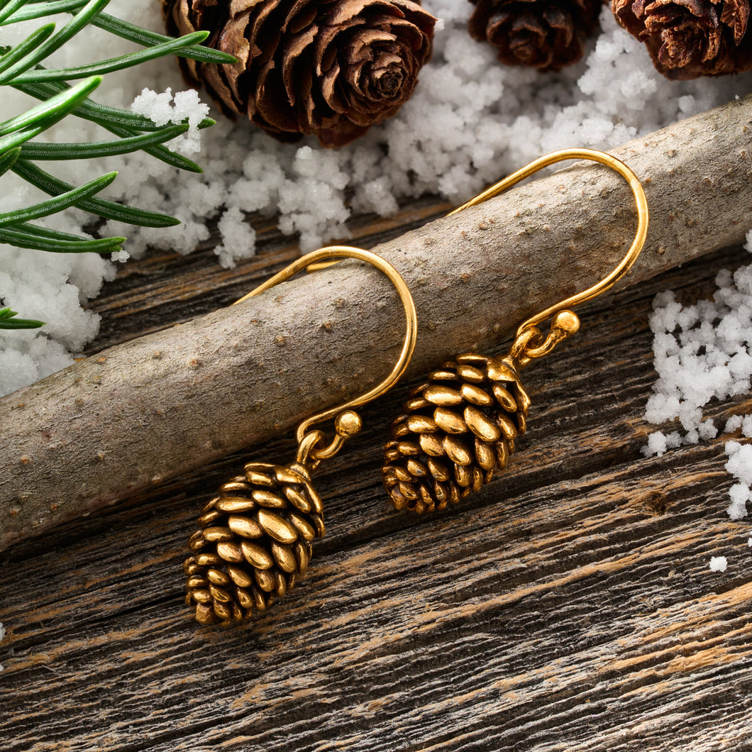 Vintage Gold Pine Cone Earrings with French Hooks