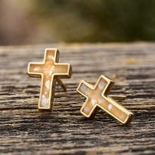 Load image into Gallery viewer, Gold Sterling Silver Mother of Pearl Cross Studs