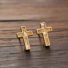 Load image into Gallery viewer, Gold Sterling Silver Mother of Pearl Cross Studs