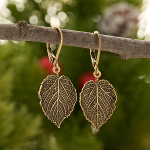 Gold Leverback Vintage Birch Leaf Earrings