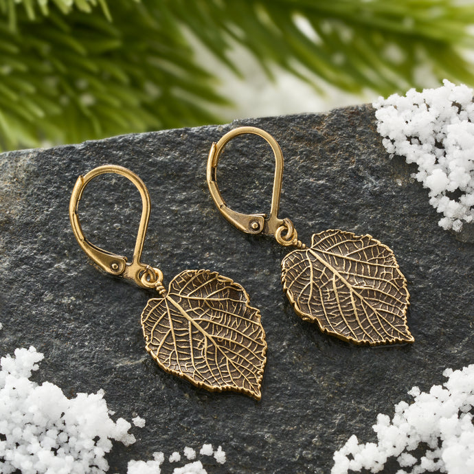 Gold Leverback Vintage Birch Leaf Earrings