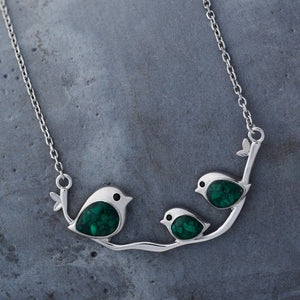 Triple Malachite Birdie Branch Necklace