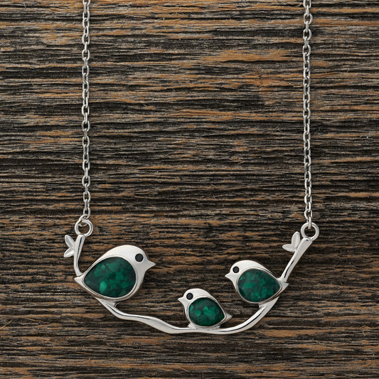 Triple Malachite Birdie Branch Necklace