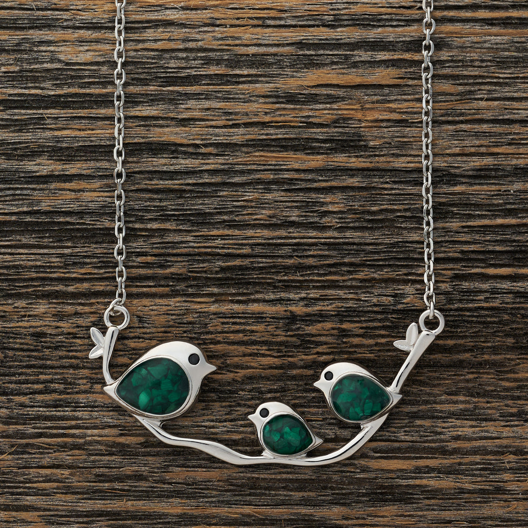 Triple Malachite Birdie Branch Necklace