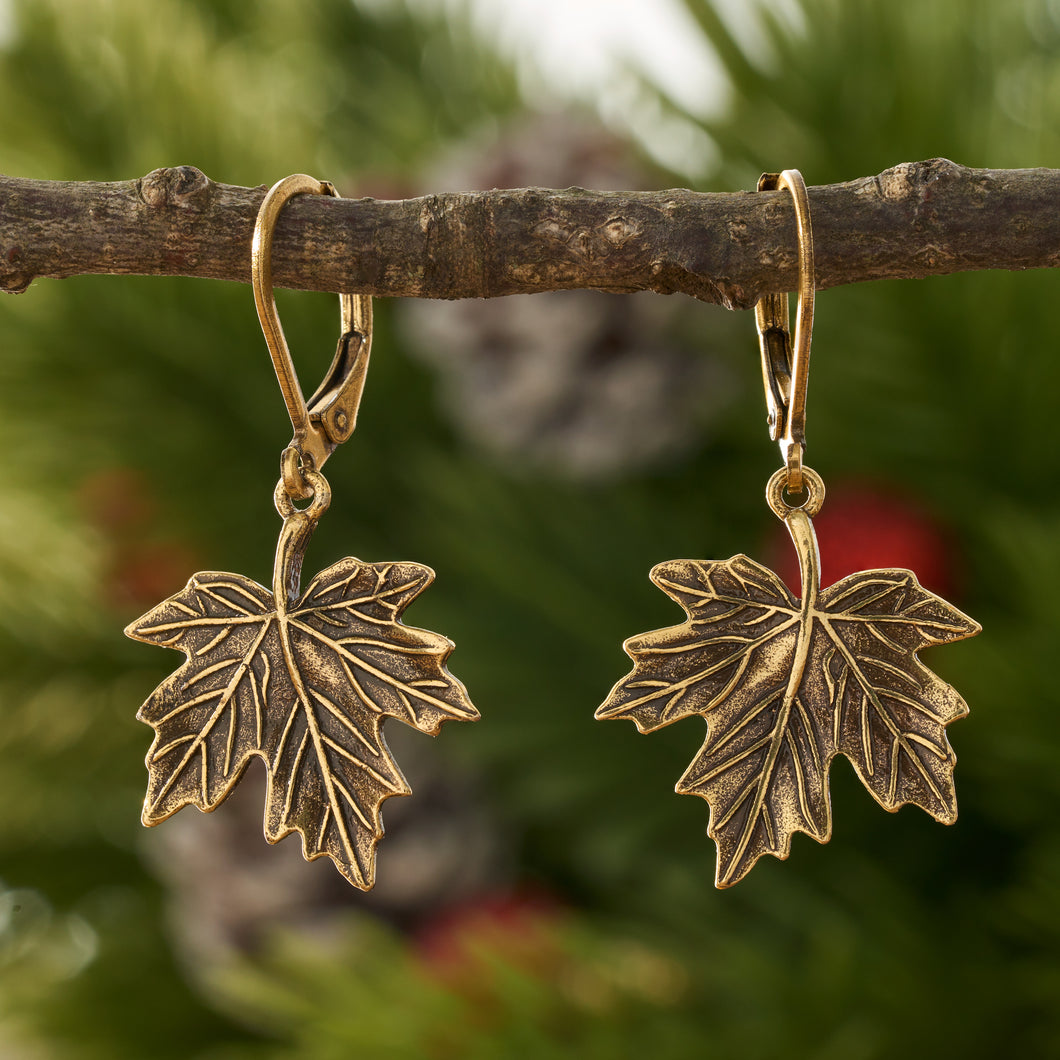 Gold Leverback Vintage Maple Leaf Earrings