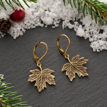 Load image into Gallery viewer, Gold Leverback Vintage Maple Leaf Earrings