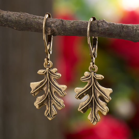 Gold Leverback Vintage Oak Leaf Earrings