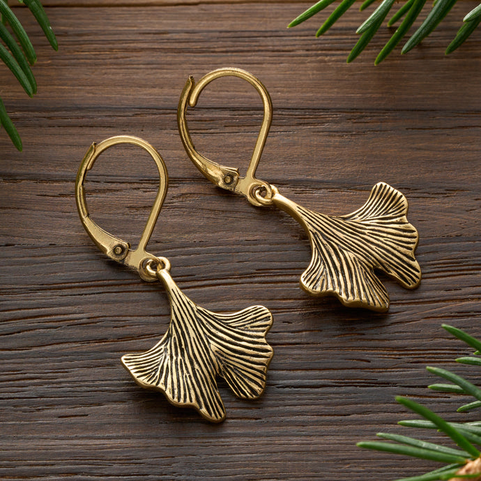 Gold Leverback Vintage Ginkgo Leaf Earrings