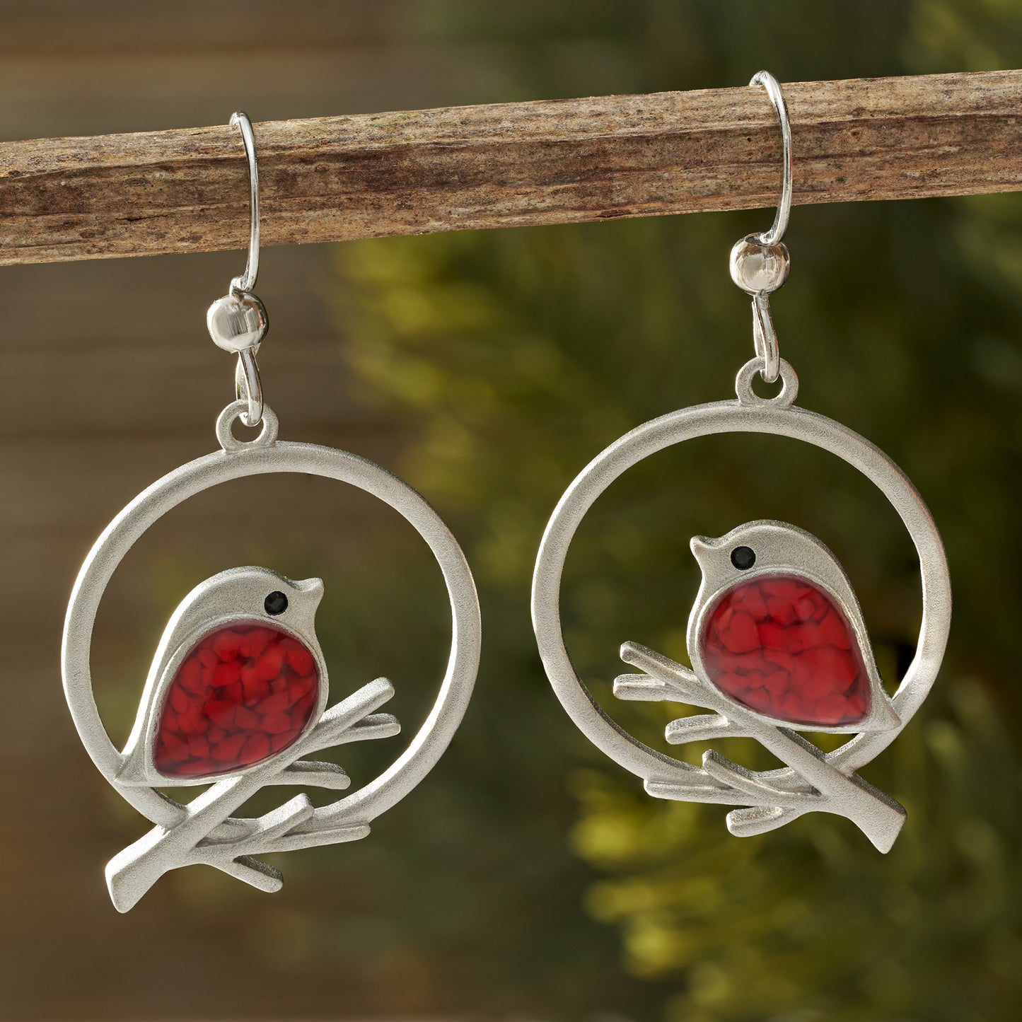 Red Glass Birdie Branch Earrings