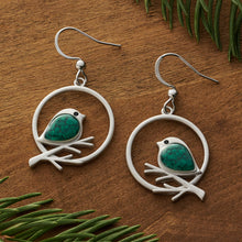 Load image into Gallery viewer, Green Glass Birdie Branch Earrings