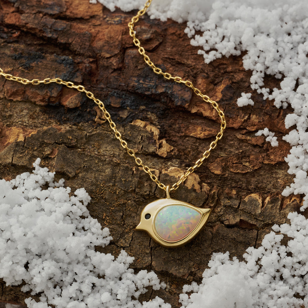 Gold Sterling Silver White Opal Birdie Necklace