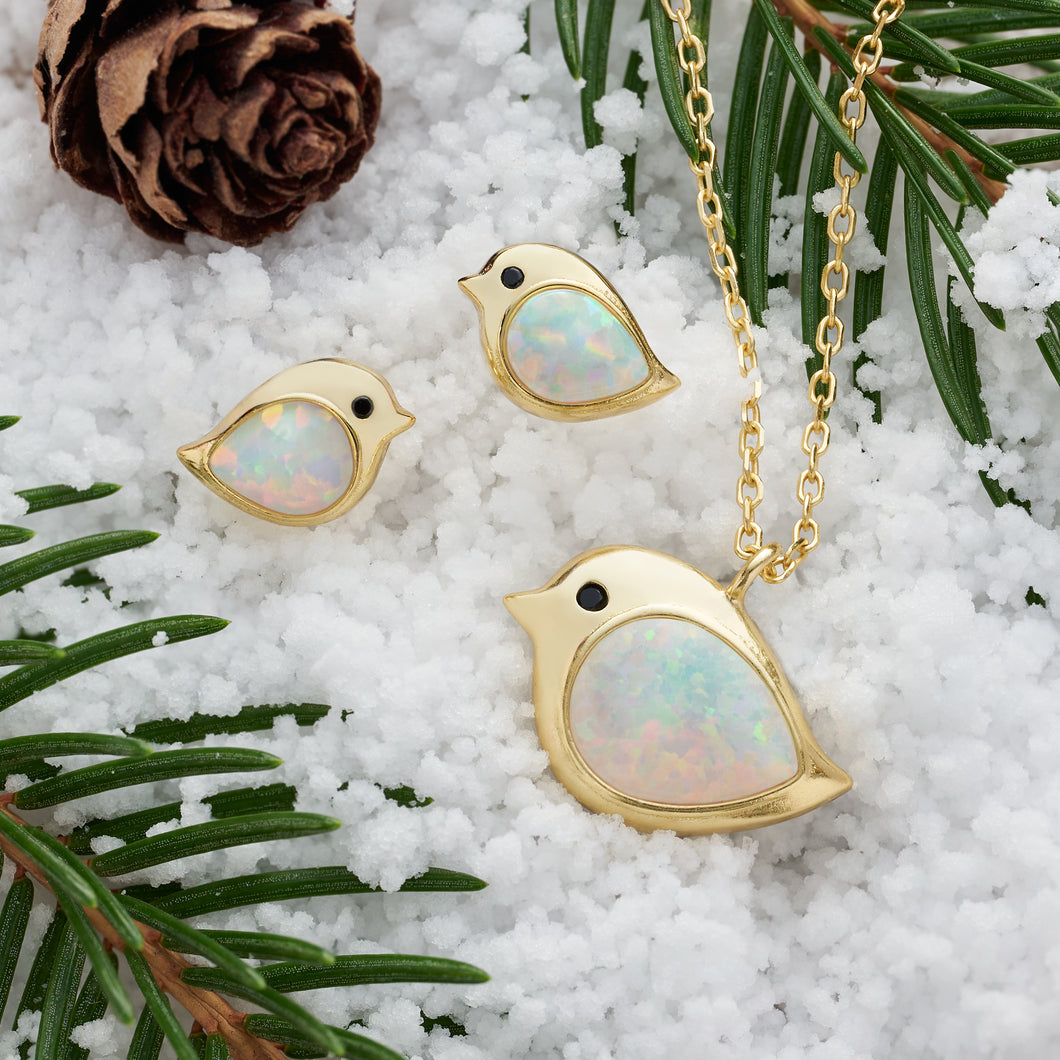 Gold Sterling Silver White Opal Birdie Gift Set