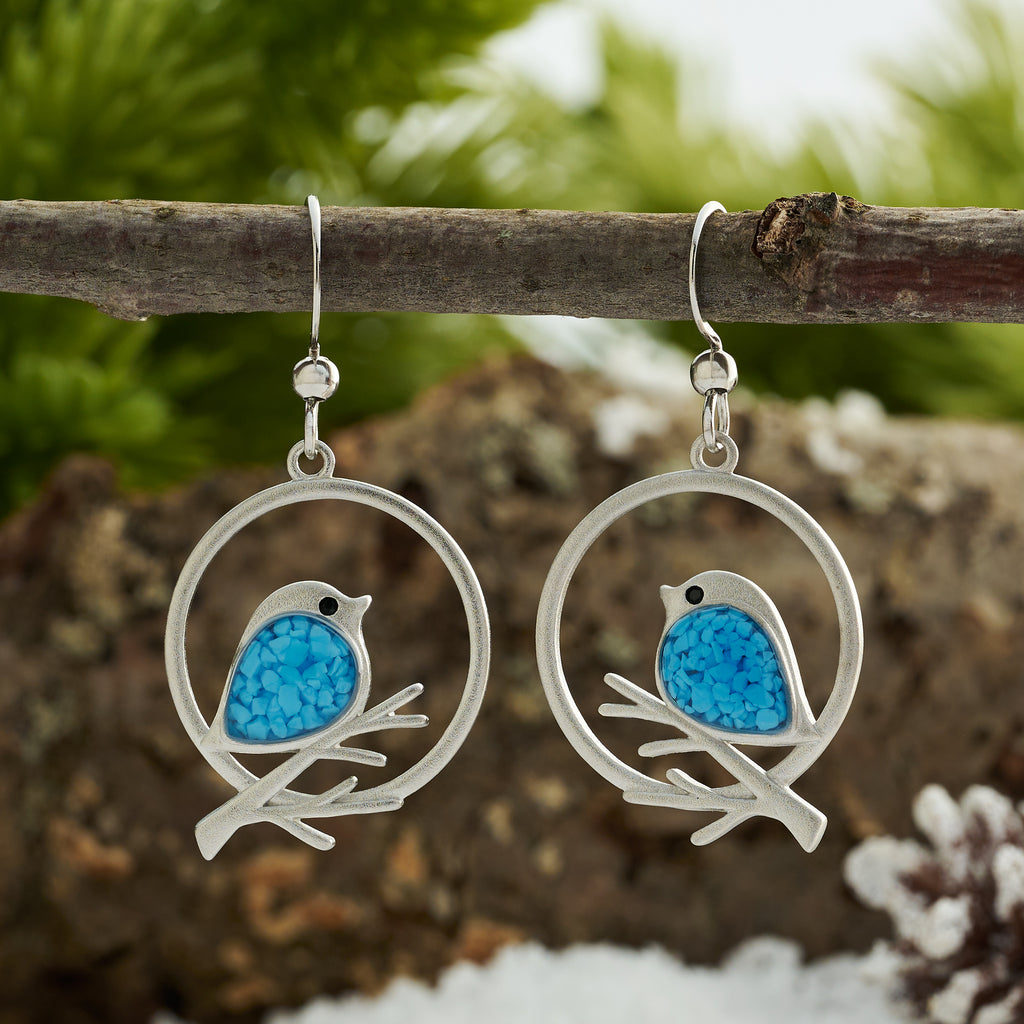 Blue Glass Birdie Branch Earrings